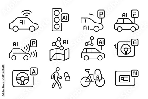 Ai-powered smart car system icons depicting various autonomous features