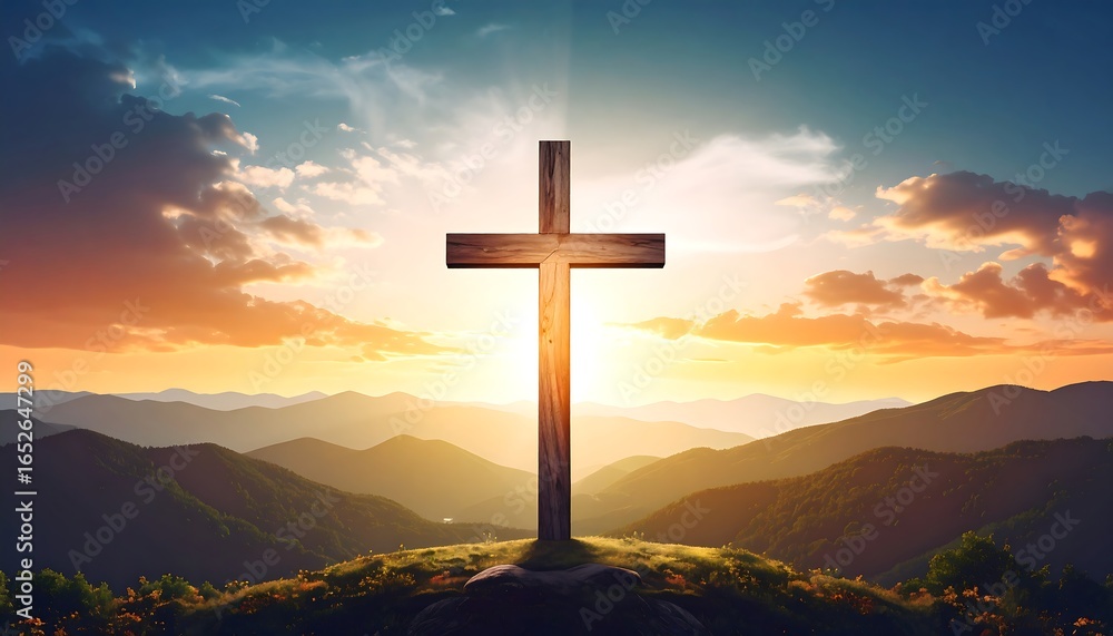 Obraz premium Wooden cross atop mountain at sunrise