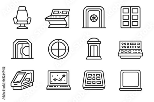 Futuristic control panels and equipment icons in minimalist style
