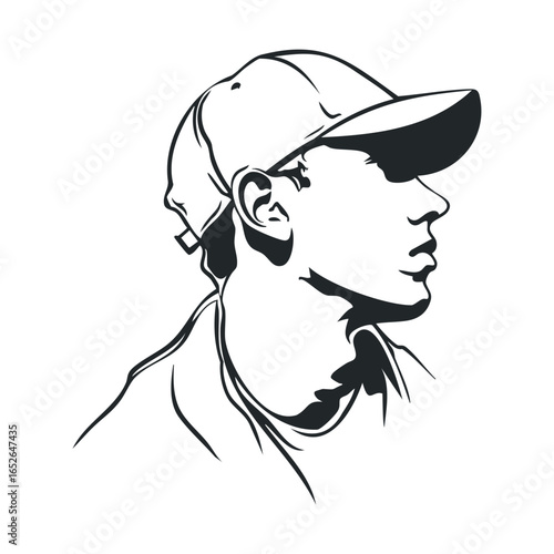 Profile view of a young man wearing a cap in a minimalist design