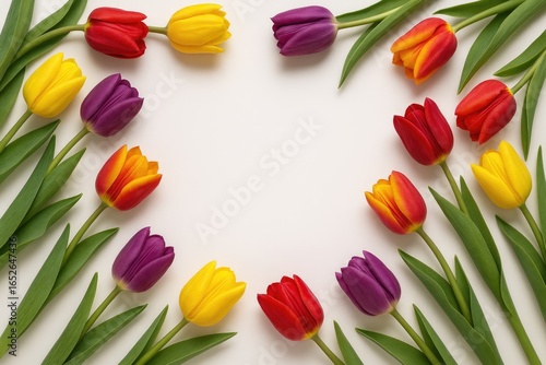 Colorful tulips showcased on a bright white surface