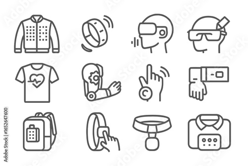 Futuristic fashion tech icons: wearables, augmented reality, smart gadgets
