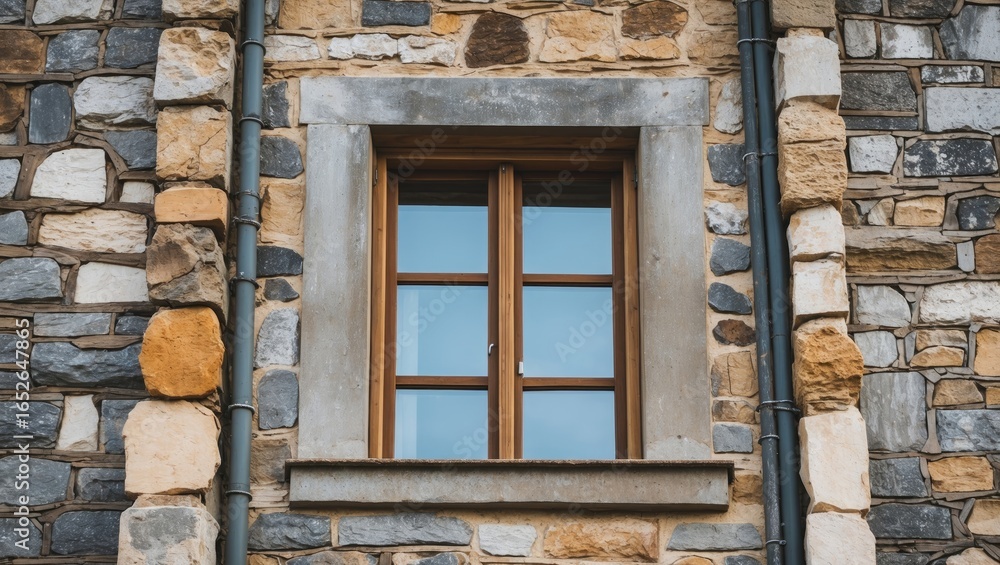 Obraz premium Upright view of a metal-framed window on a building facade