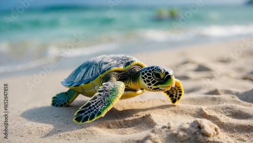 Small green turtle journeying to the sea for the first time