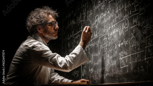 Man writing equations on chalkboard with chalk