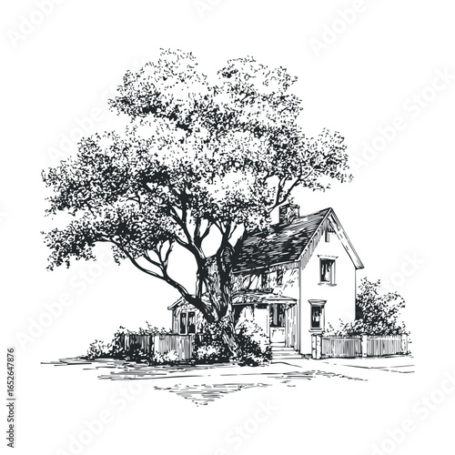 Cozy house surrounded by a large tree in a peaceful setting