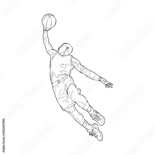 Dynamic basketball player in mid air slam dunk pose for sports design
