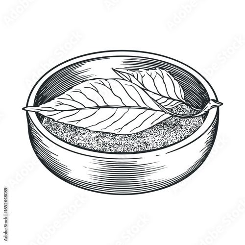 Bay leaves arranged in a bowl with ground spice for seasoning dishes