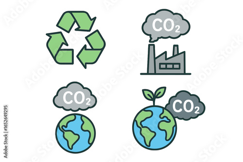 CO2 emissions icon set. Carbon dioxide pollution. Climate change concept. Global warming. Factory industry smoke. Environmental impact. Planet Earth. Recycling symbol. Ecology.