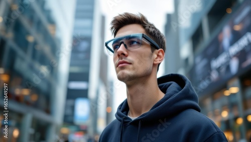 A young man wearing futuristic glasses looks thoughtfully towards the city skyline