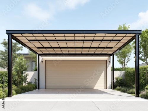 Modern carport design with a sleek black frame and beige shade panels