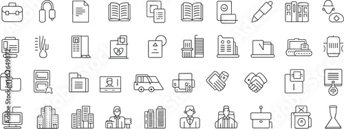 Business and office icon set, folders, briefcase, computer, employee, printer, badge, hourglass, pen, building, flat design, minimalistic, modern, outline, black and white