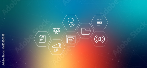 Press Kit or Media page section web header illustration with icons related to media and public relations media assets press releases and contact information for journalists