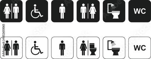 Restroom and accessibility icons, gender-neutral bathroom signs, shower and toilet symbols, WC signage, inclusive facilities, hygiene, public, vector, design