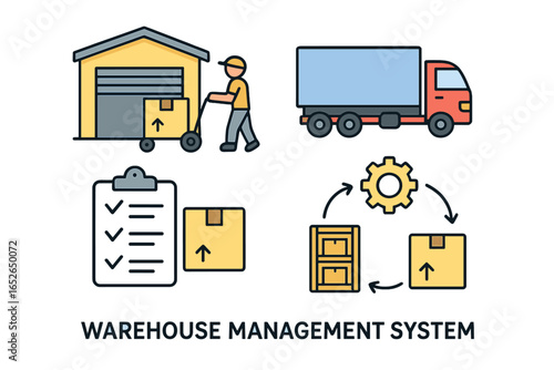 Warehouse management system icons illustrating logistics, transportation, and inventory management processes for efficient supply chain operations. Vector cartoon illustration set.