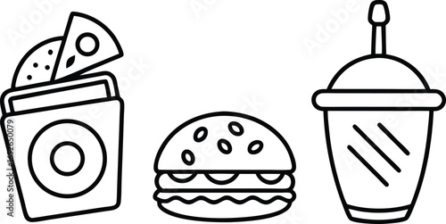 Fast Food Icons Burger, Pizza, and Drink Illustrations