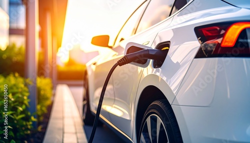 An electric vehicle refueling at a charging station with the power cord plugged in, set against a warm sunset highlighting the future of sustainable transportation