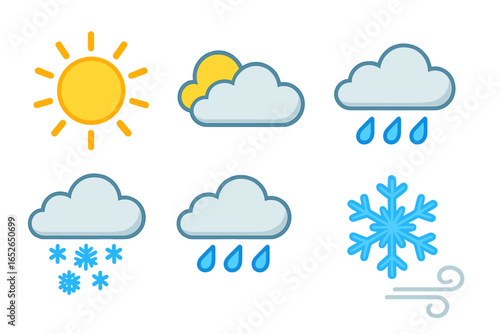 Colorful weather icon set. Flat design cartoon vector symbols. Meteorology forecast elements for web, app UI. Includes sun, cloud, rain, snow, wind, blizzard, climate.