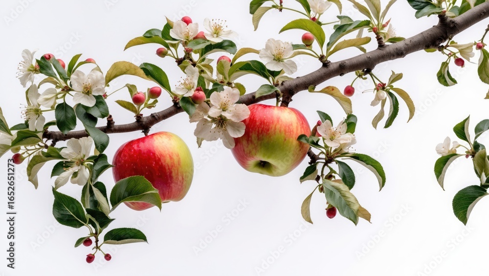 Obraz premium Fresh Apple Tree Branch in Bloom Set Against a White Background