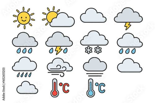 Weather forecast icon set. Collection of cute cartoon meteorology symbols for various atmospheric conditions like sun, cloud, rain, storm, snow, wind, fog, temperature.