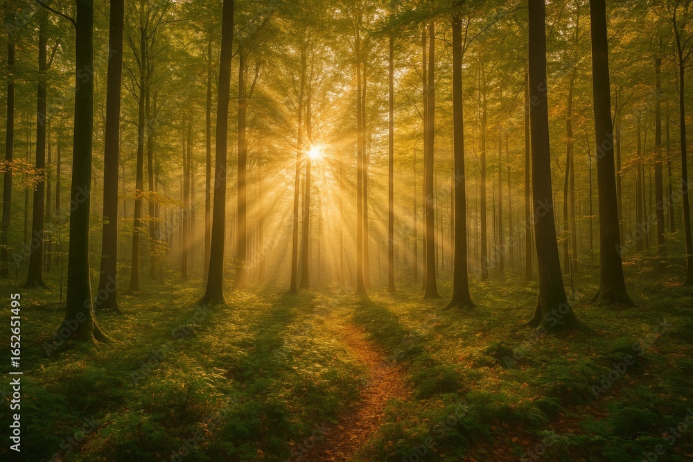 Fototapeta premium Magical forest scene in spring with sunbeams streaming between the branches