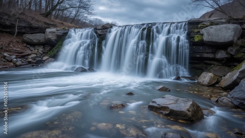 Flowing water captured in long exposure over rocky terrain during overcast weather