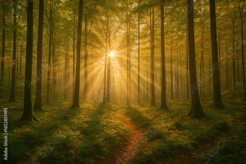 Wallpaper Mural Magical forest scene in spring with sunbeams streaming between the branches Torontodigital.ca