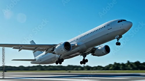 Side view of a commercial airplane taking off from the runway with landing gear extended, set against a clear blue sky. 
