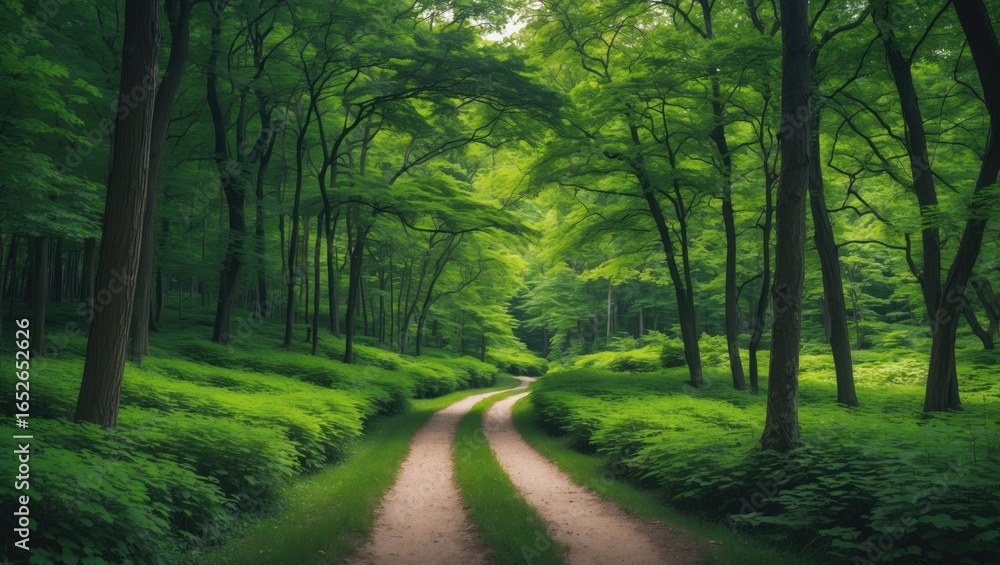 Fototapeta premium A peaceful forest walkway weaving through dense greenery, evoking tranquility and relaxation
