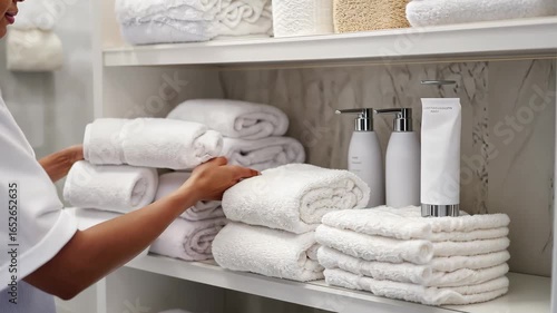 Organizing luxurious white towels in modern bathroom setting with elegance and care