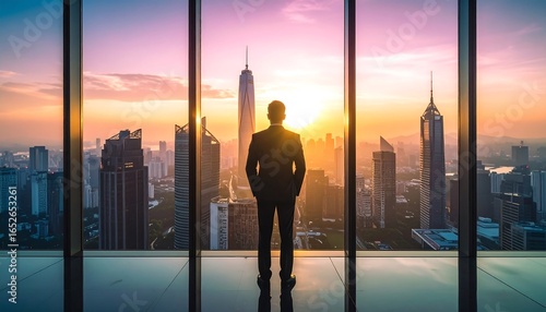 Businessman looking at sunrise over cityscape
