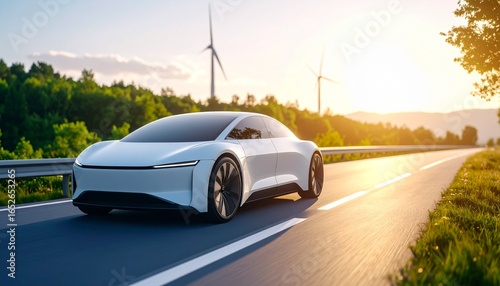 A modern electric vehicle driving on a scenic road through a green landscape with wind turbines at sunset, symbolizing a sustainable future