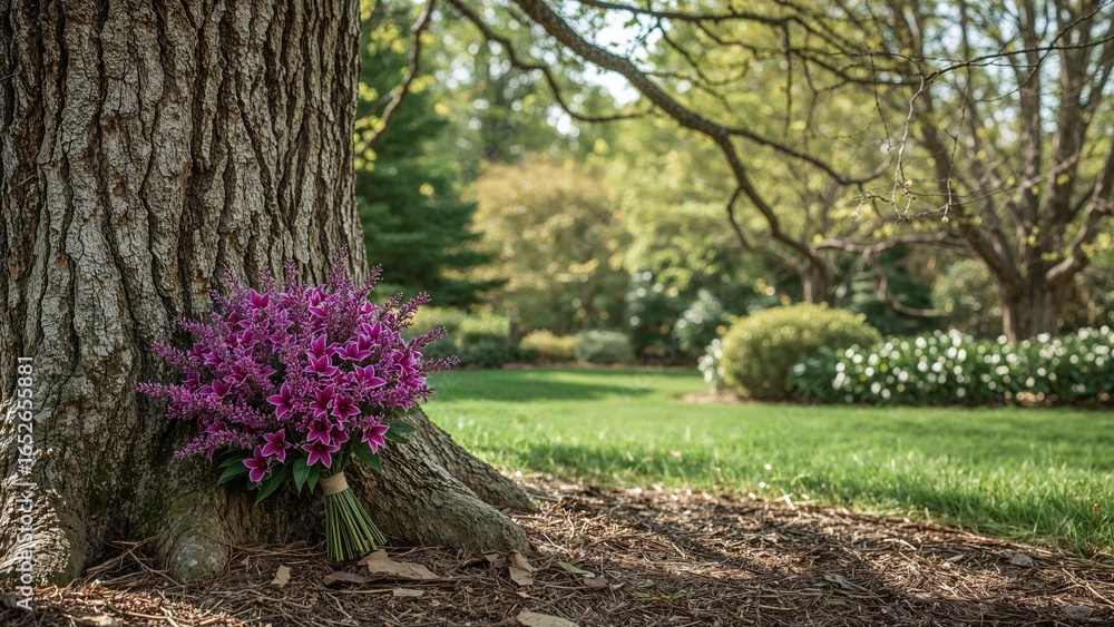 Naklejka premium Vibrant purple blossoms decorating a tree in an outdoor garden with area for a note