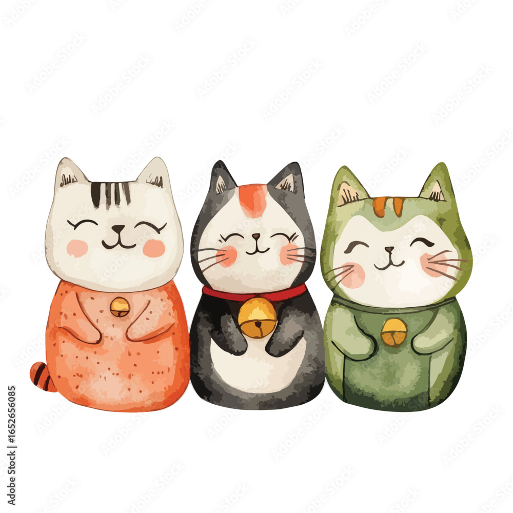 Fototapeta premium Three Watercolor Cat Figurines with Bells Smiling and Content