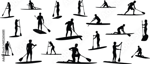 Stand up paddle boarding silhouettes, water sport activity, people paddling on surfboard, outdoor adventure fitness lifestyle design, ocean recreation illustration, flat vector illustration