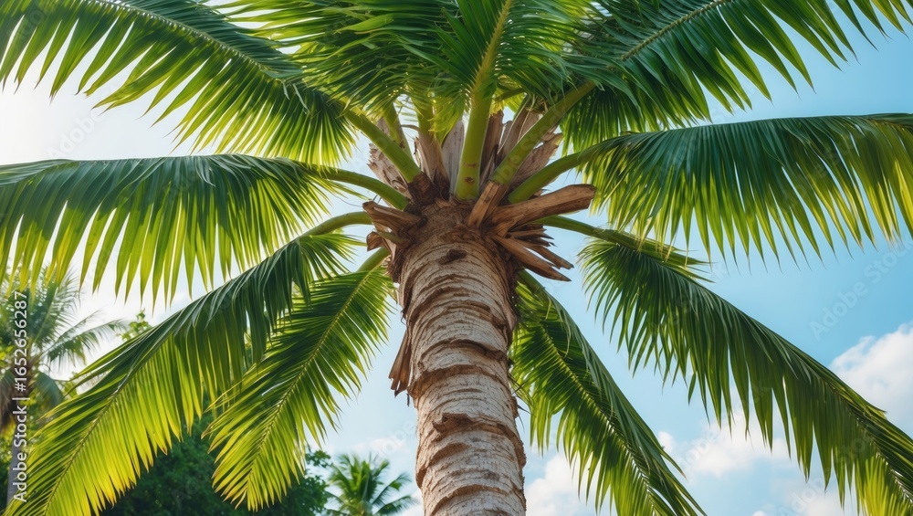 Obraz premium Exotic outdoor scene featuring a palm with detailed trunk and vibrant foliage