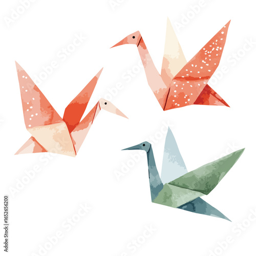 Three Watercolor Origami Cranes Peach Speckled Coral and BlueGreen