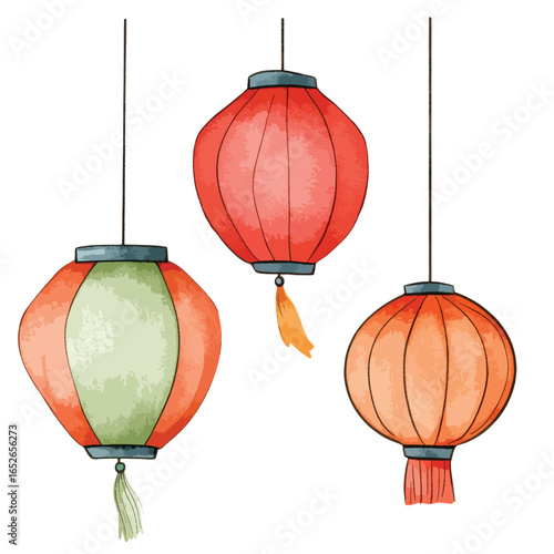 Three Watercolor Style Hanging Lanterns with Varying Colors and Tassels