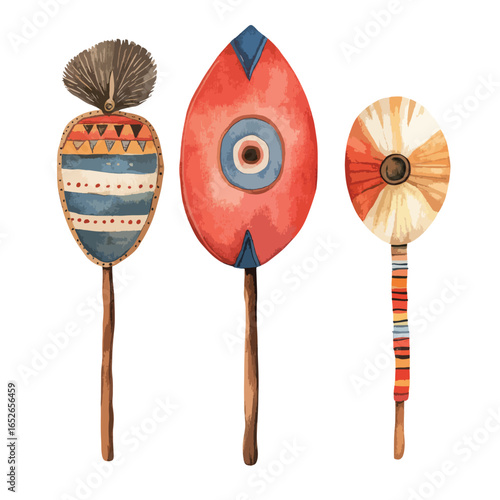 Trio of Watercolor African Tribal Shields with Unique Designs and Wooden Handles