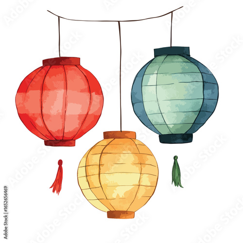 Trio of Watercolor Paper Lanterns with Tassels Hanging from a Brown Cord