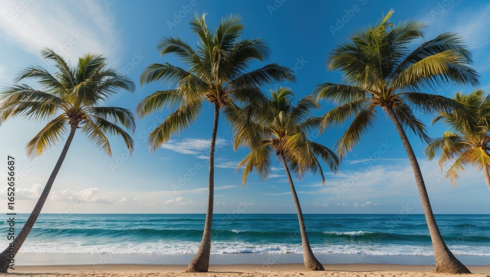 Fototapeta premium Scenic seaside view featuring palm-lined shores