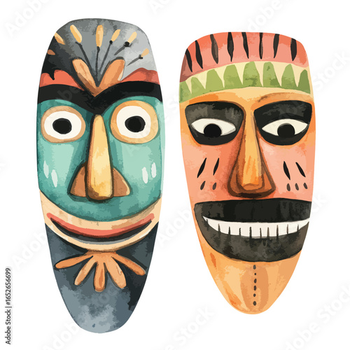 Two Colorful Watercolor African Masks with Distinctive Facial Features
