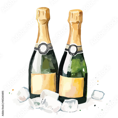 Two Elegant Champagne Bottles with Ice Watercolor Style