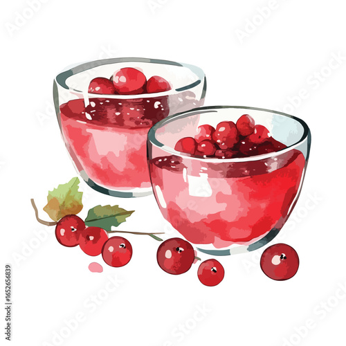 Two glass bowls filled with red jelly and cranberries with a cranberry branch
