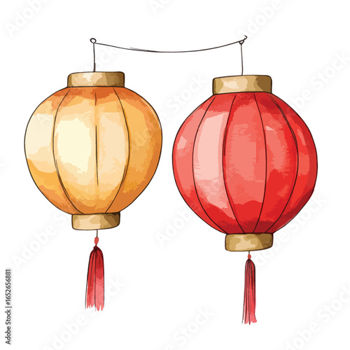 Two hanging lanterns one yellow and one red with watercolor textures