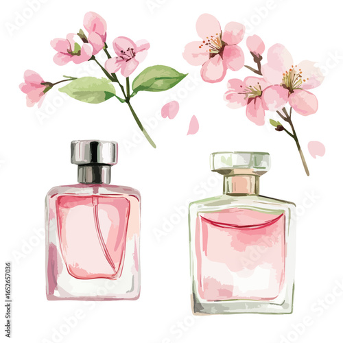 Two pink perfume bottles with silver caps and watercolor cherry blossom branches