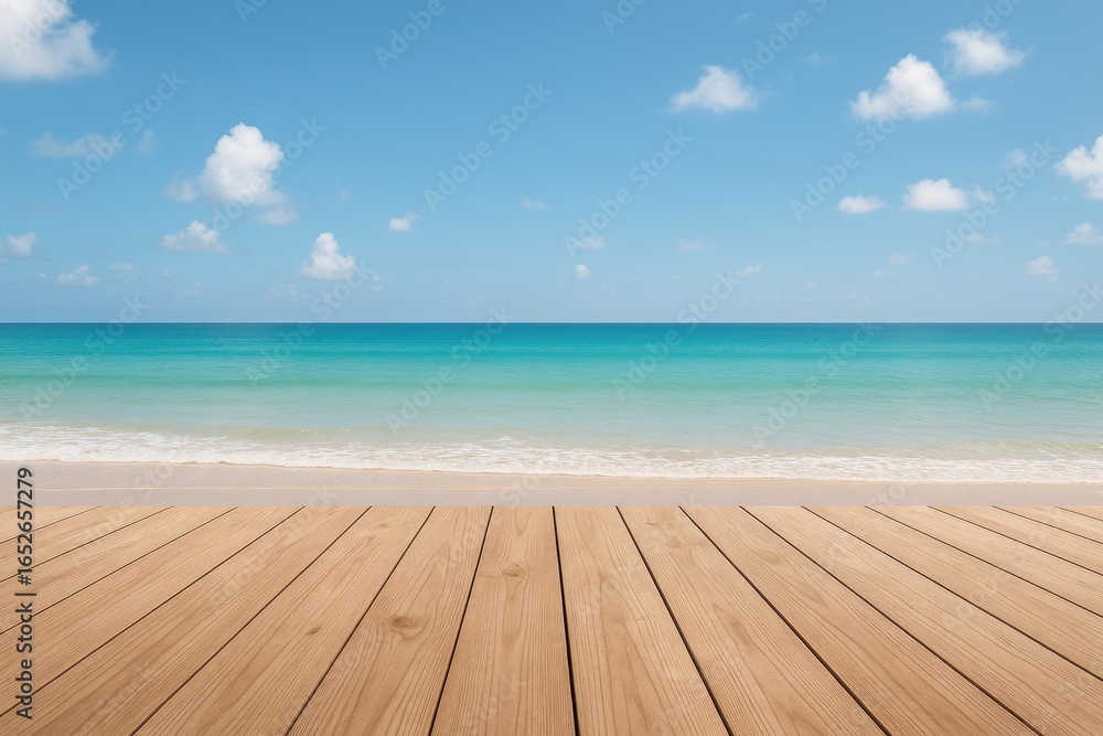 Fototapeta premium Seaside wooden patio from a perspective that highlights the vast seascape and open background area