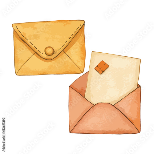Two textured envelopes one sealed with a button the other open with a letter