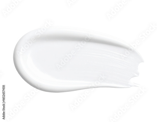 A smooth glossy white cosmetic cream smear showing a curved shape and visible application texture.