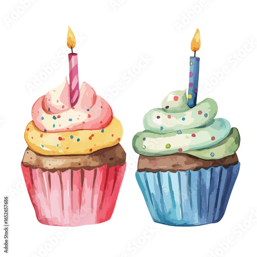 Two Vibrant Watercolor Cupcakes with Birthday Candles